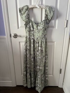 Floral Sage Green Maxi Dress with Puff Sleeves